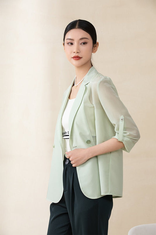 Grey Green Acetate Summer Casual Suit Blazer - SHIMENG