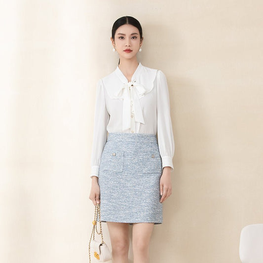 Acetate White Bow Tie Blouses - SHIMENG