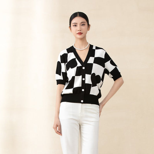Black & White Short Sleeve Heart Pattern T-shirt - SHIMENG