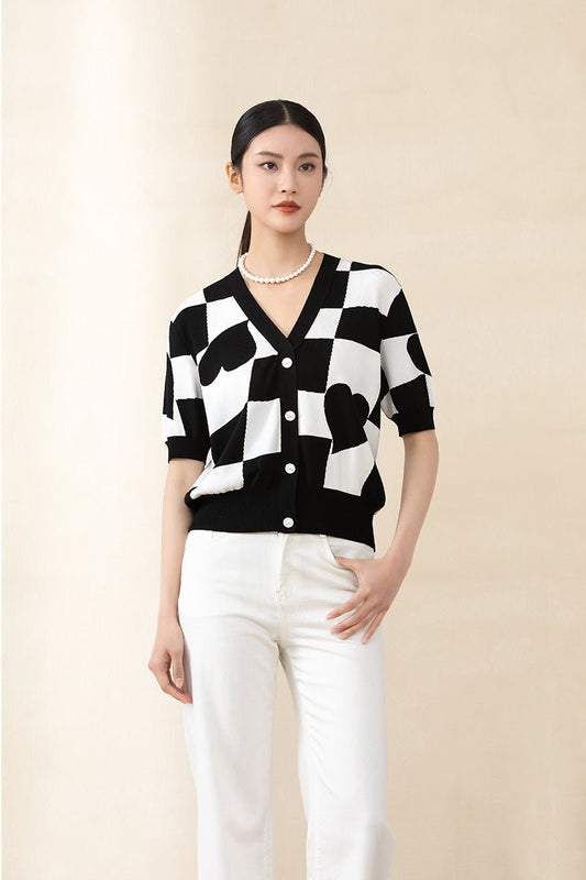 Black & White Short Sleeve Heart Pattern T-shirt - SHIMENG