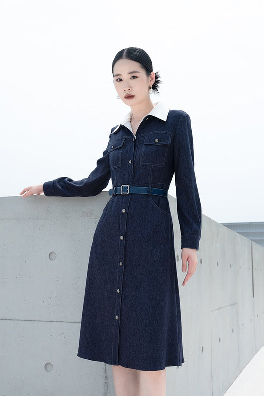 Navy Blue High Waisted Denim Midi Dresses - SHIMENG