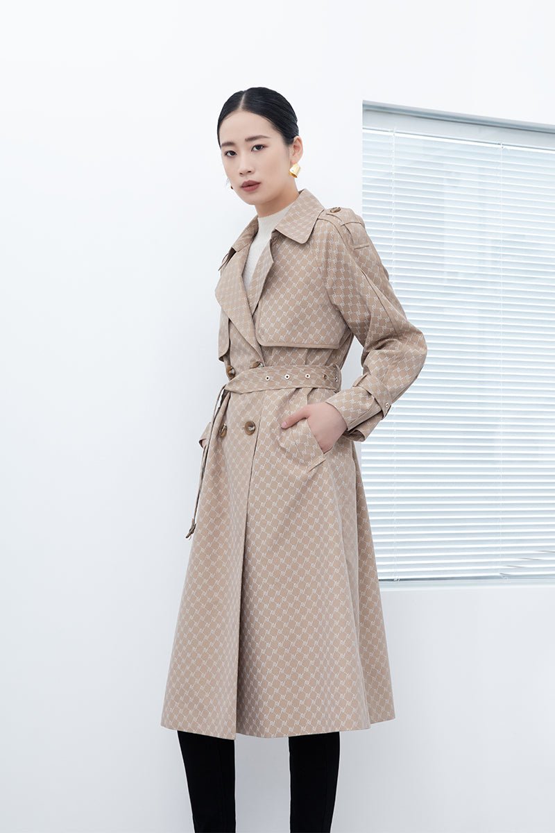 Camel Plaid Double Breasted Trench Coats - SHIMENG Camel Plaid Double Breasted Trench Coats - SHIMENG