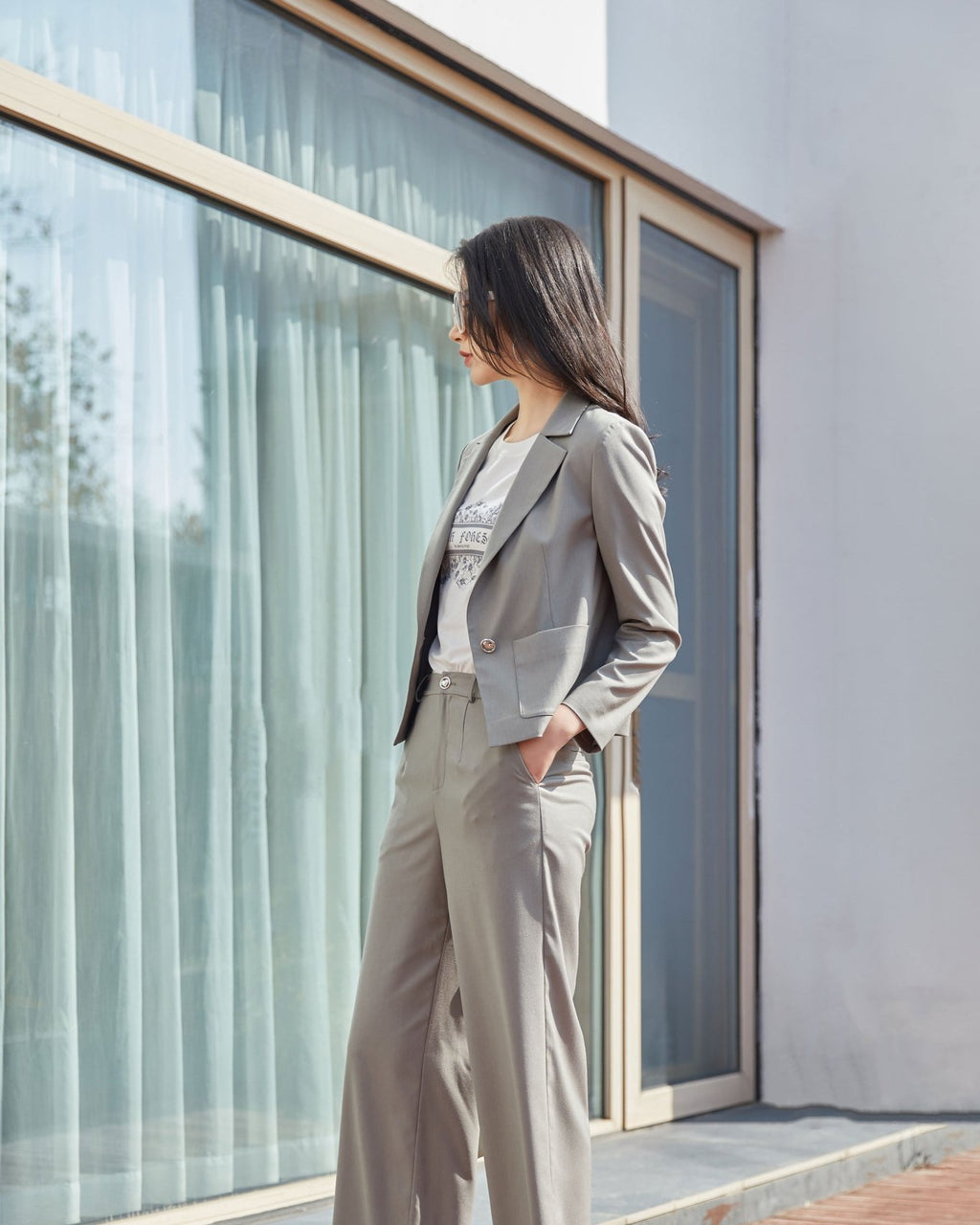 Dolphin Gray Pants Suit Office Outfits - SHIMENG