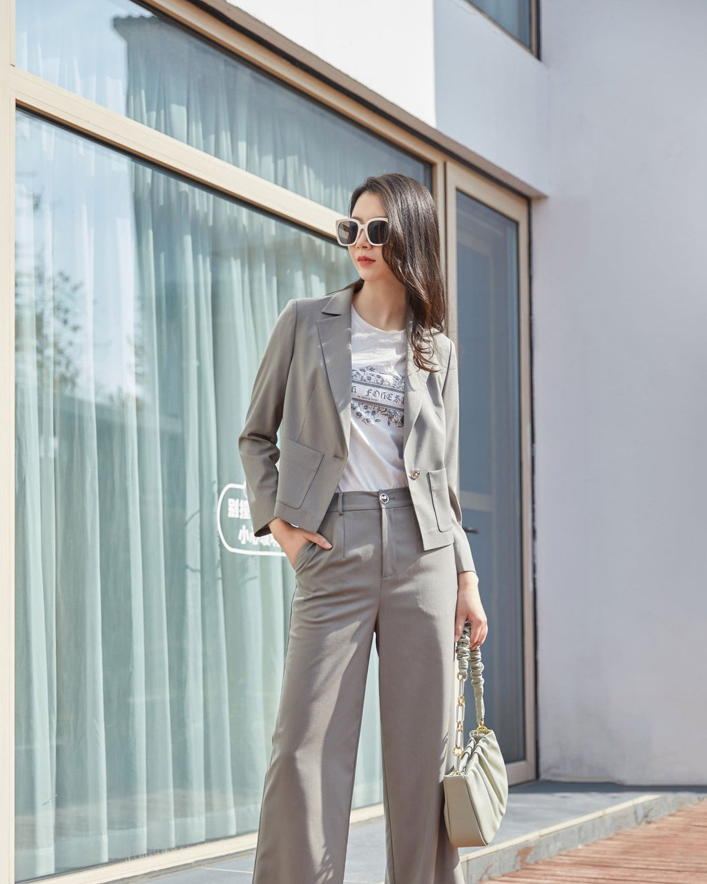 Dolphin Gray Pants Suit Office Outfits - SHIMENG