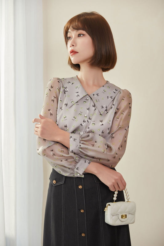 Grey Thin Yarn Shirt Blouses - SHIMENG