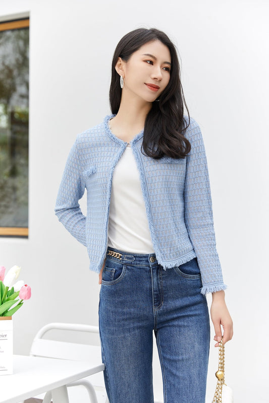 Mist Blue Knit Sweaters Cardigans Crop Top - SHIMENG