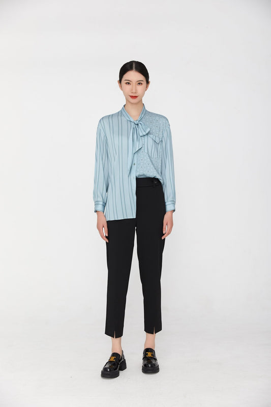 Pale Blue Striped Bow Tie Blouses - SHIMENG