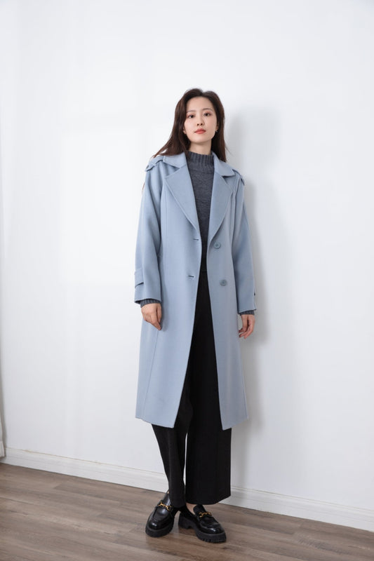 Shadow Blue Single-Breasted Wool Trench Coat - SHIMENG