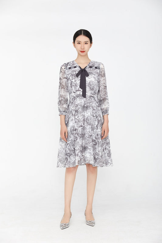 Smoke Grey Bow Tie Neck Dress - SHIMENG